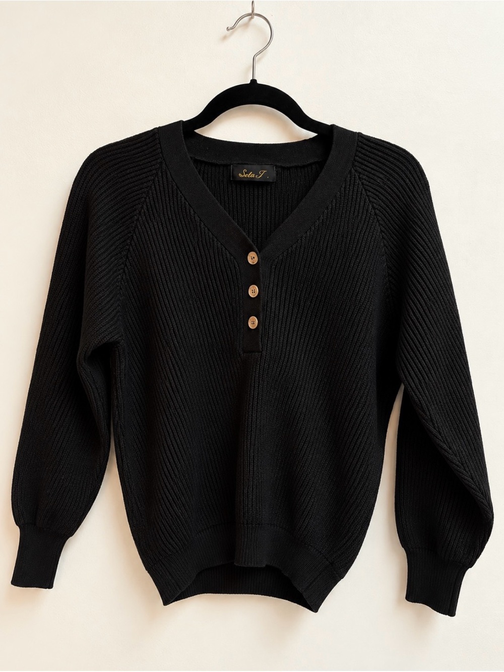 NWT Seta T Women V Neck Rib-Knit Long Sleeve Solid Black Pullover Sweater, S